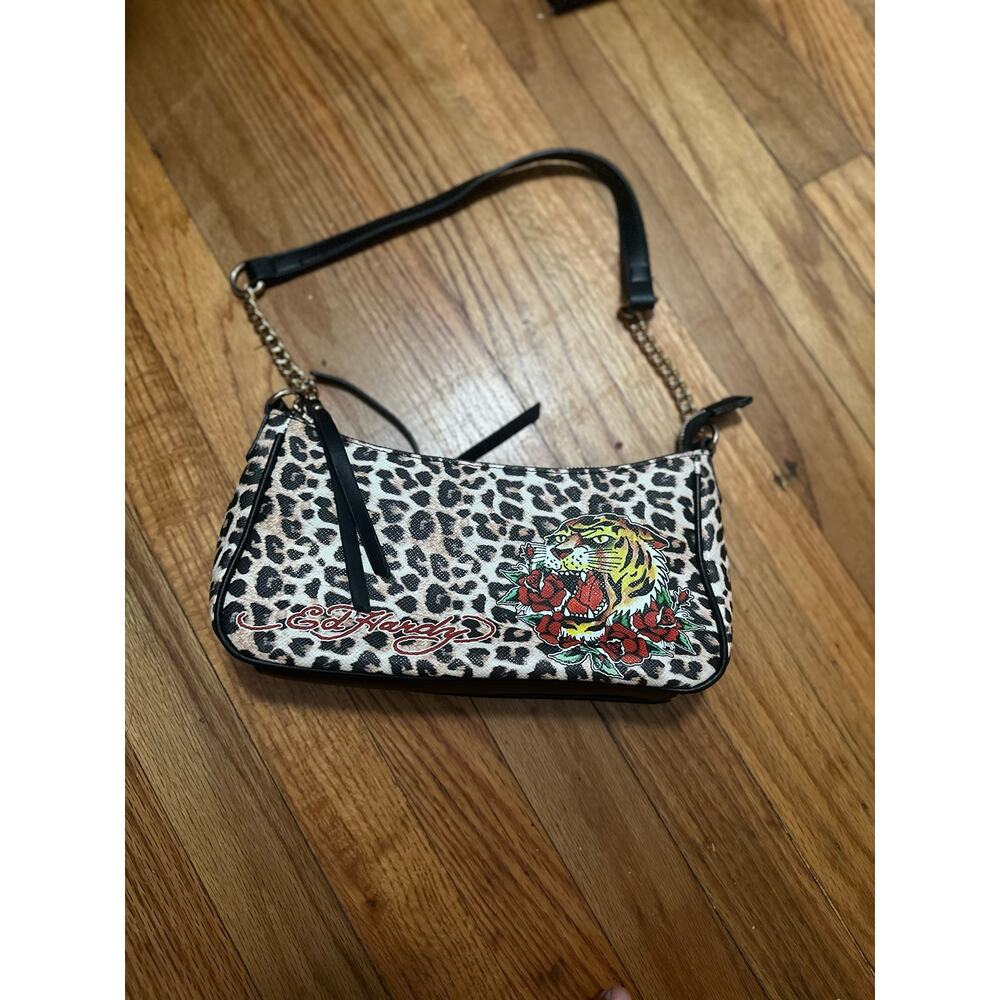 Ed Hardy Leopard Print Hobo Shoulder Bag Tiger & Red Rose Graphic